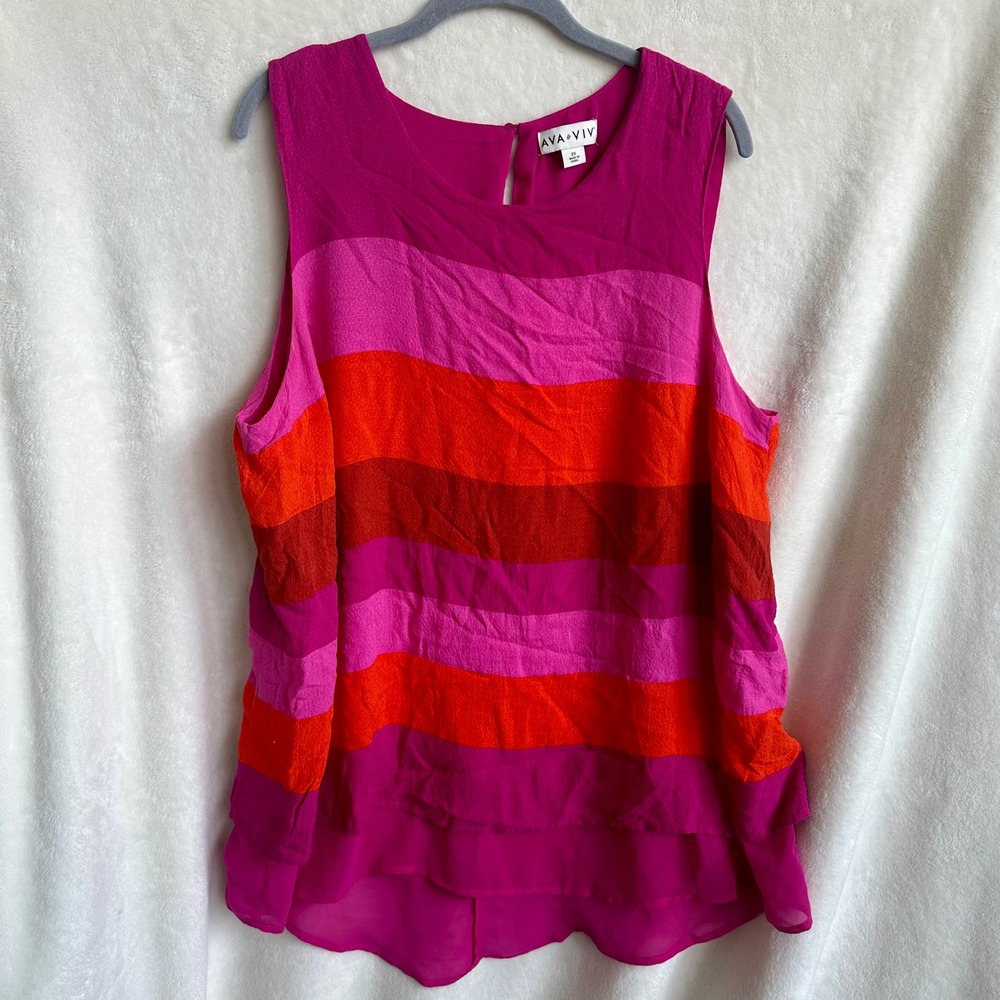 Ava & Viv Fuchsia Orange Striped Layered Chiffon High-Low Tank Top 2X